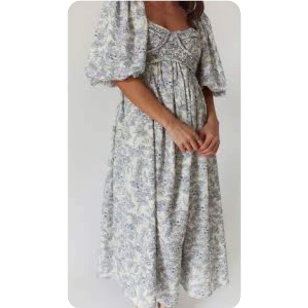 Zoco Gala Dress Women S Blue Floral Smocked Puff Toile Milkmaid cottagecore